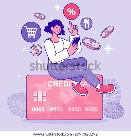 Woman using a credit card to shop on a computer. people use online shopping services. Smartphone marketing and e-commerce. delivery service concept. Vector outline illustration.