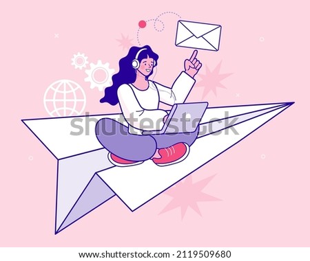 business people sitting on flying paper planes. email marketing, newsletter, news, offers, promotions subscription. Follow us on social media concept. trendy style vector outline illustration.
