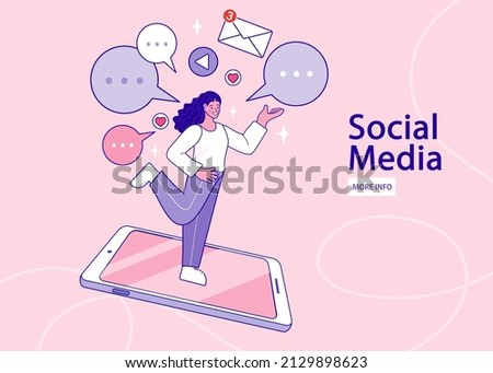 Girl holding speech bubbles. Online communication on social network and media. Woman sending and receiving Internet messages on smartphone or texting on mobile phone. Flat cartoon vector illustration.
