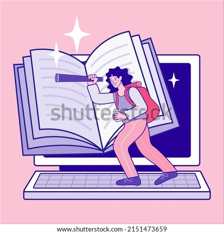Woman using binoculars with laptop. knowledge or education for future job, challenge and personal improvement, reading list concept. New Business. e-learning and podcast. Vector flat illustration.