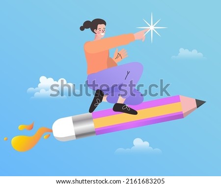 woman flying on a pencil. Generating ideas or leap of imagination concept. Girl riding a pencil rocket flying in the sky. Success in business and creativity. Back to school vector illustration.