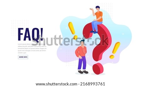 Man standing near big question mark. Unknown informational concept. Portrait of thoughtful people. thinking or solving problem. FAQ Frequently asked questions. Vector illustration for web.