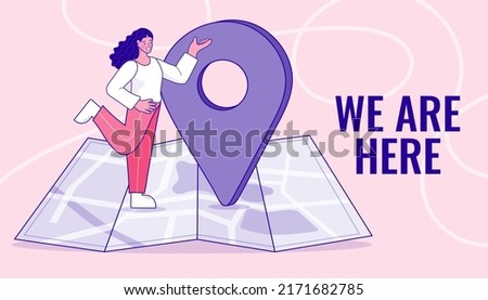 Woman change of address. Folded map and location pin. restaurant is here. city map with pin pointer. We have moved. Search for places. Vector outline illustration.