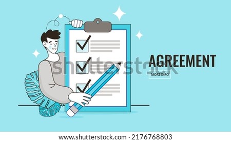 Boy with check list. Man Fill Paper Form of Insurance Policy Document for Medical or Property Protection. Hands holding clipboard with checklist with red check marks and pencil. Flat vector outline.