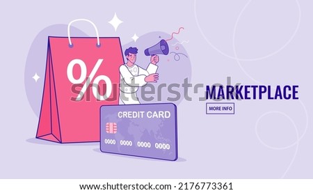 Shopping online. Consumer View, Choose and Buy Fashion Items on Ecommerce Marketplace on Computer Screen Concept. man happy with shopping on laptop. Digital marketing. Vector outline illustration.
