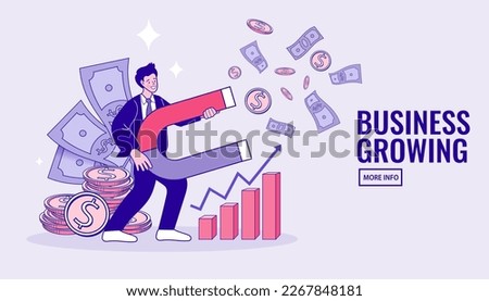 businessman hold magnet attract money. Magnetic force. Earn money. Profit, income. Investment attraction concept. Graph to success. Modern Flat design vector illustration.