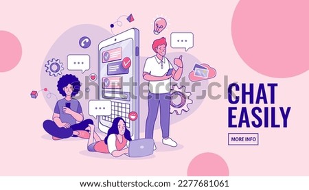 Man and woman using their cellphones for video chat. virtual meeting and group video conference. Teams joining via laptop and mobile phone. Remote working. Flat vector outline illustration.