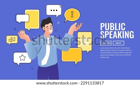 Businessman talking with multiple speech bubbles. Verbal or oral communication skill. public speaking. storytelling or explanation. talking or discussion. telling message or speech concept. vector