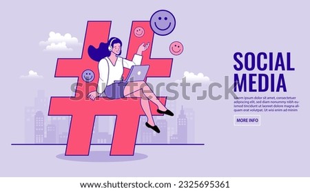 Social media. woman cartoon character sitting on a hashtag icon. women using mobiles for online communication. flat style. Sharing posts in social networks. Share concept. vector outline illustration.