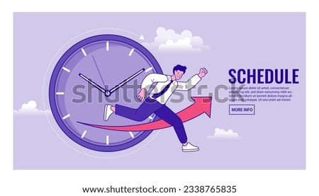 business schedule outline. Financial and economic growth. Statisctics and sales analysis concept. man holding growing stat data blue arrow. Man runs for time. Time management. Vector illustration.