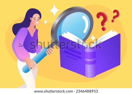 woman with magnifying glass reads book. Girl studies literature and books in library enjoying acquisition of new knowledge. girl wanting to find important information for term paper. vector