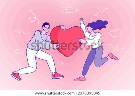 woman and man with big red heart feeling in love one family. Happy young couple connecting heart. dating. Valentine's Day. Human Relations. Romantic Dating. vector outline illustration.