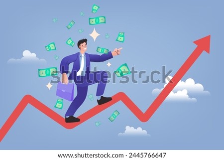 Businessman walking on the upward graph. Step by step on the ladder to success. man with money. Passive income and stock market investing. Finance Experts. Data analysis. Vector illustration.