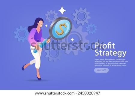 Woman with magnifier dollar money from cog gear. optimize cost and expense for better profit strategy. Cost effective, reduce cost and time to maximize better quality result. vector illustration.
