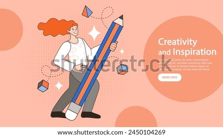 woman thinks of great idea. People holding a big pencil And is walking forward. Good idea reach inspiration motivation, found solution for success at work. Flat Cartoon Vector Illustration.