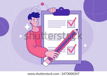 Man with check list. Man Fill Paper Form of Insurance Policy Document for Medical or Property Protection. Hands holding clipboard with checklist with red check marks and pencil. Flat vector.