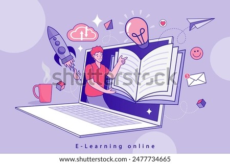 Online education. Distance learning, recorded classes, video tutorial metaphors. online educational. Home education, remote university graduation. e-learning and podcast. Vector flat.