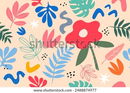 Seamless retro 60s flower trendy. Vector summer Tropical palm leaves on purple background. palm tree foliage tropical. Modern graphic design. Hand Drawn textures. Ideal for web, card, poster, cover.