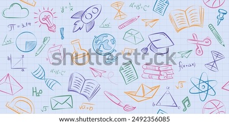 Doodles education. Hand drawn vector pattern background back to school with icon symbols. Doodle of foreign language education course for home online training study. EPS10.