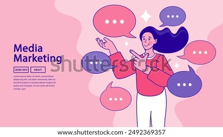 Dialog speech bubbles and woman. Template for filling. People discuss or argue. Verbal or oral communication skill. business concept for web site, app, poster, placard and ad. Vector illustration.