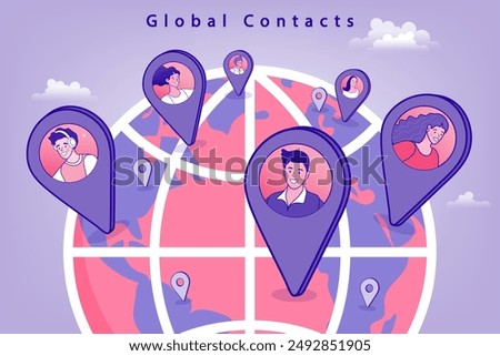 Pointer pins on the world map with people over it. Concept of human resources management, staff research, global headhunting. Gps Navigation. Cartoon People Vector Illustration.