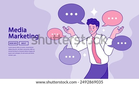 Dialog speech bubbles and man. Template for filling. People discuss or argue. Verbal or oral communication skill. business concept for web site, app, poster, placard and ad. Vector illustration.