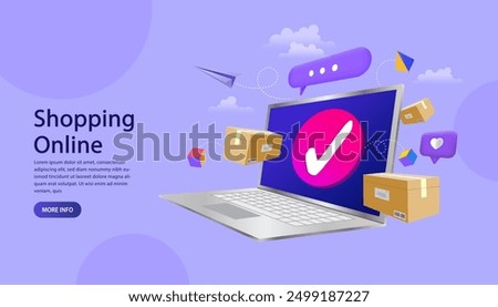 Ecommerce concept. Online shopping. Online delivery service concept. Fast delivery via laptop. Parcel box with order confirmation icon on a computer. product shipping packing. Vector illustration.