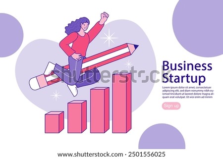 A woman rides a large pencil and is flying forward. People thinks of great idea. Good idea reach inspiration motivation, found solution for success at work. Flat Cartoon Vector Illustration.