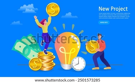 Businessman with ideas and money. Woman pays for a creative idea Decent pay for creative work. Light Bulb ideas and money balance. Value of idea. Business concept. Vector illustration.