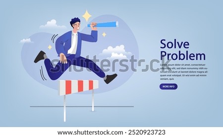 Businessman jump over hurdle race obstacle. Overcome obstacles and success concept. motivation to solve problem and lead company achievement. Skills improvement. Successful employee fast run. vector