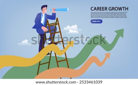 Man stand and look in binocular searching job. Business decision making, career path, work direction or choose the right way to success. search right way to go. Career or personal growth or choice.