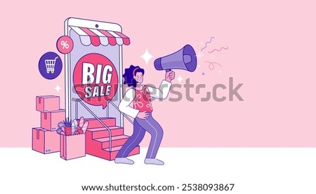 Woman announcing price off, discount with loudspeaker. Big Sale on mobile phones for online sale. Ad backgrounds for shopping event promotion. promotion campaign. flat vector outline illustration.