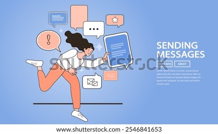 Businesswoman talking with multiple speech bubbles. Verbal or oral communication skill. public speaking. storytelling or explanation. talking or discussion. telling message or speech concept. vector