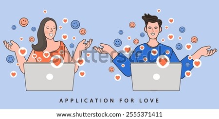 woman and man with many heart feeling in love one family. Happy young couple connecting heart. dating. Valentine's Day. Human Relations. Romantic Dating. vector outline illustration.