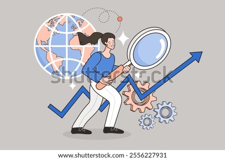 Business entrepreneur with cog wheels. Entrepreneur standing on gear wheels with effective business elements. Project initiation or project execution