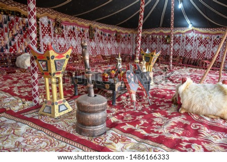 Interior of a traditional bedouin tent in Al Hijin festival activity in Taif City in Saudi Arabia.