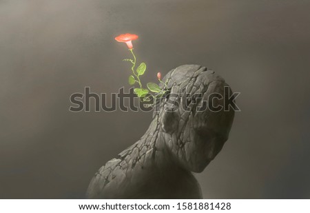 hope, freedom, life, different, contrast concept, imagination red flower on broken human sculpture, surreal and fantasy artwork, nature