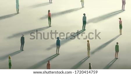 Corona virus and social distancing concept, Hope of Lonely crowd. Group of people looking at the light, surreal artwork, alone person, painting illustration, loneliness emotion Stock foto © 