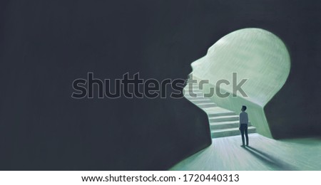 Success hope ambition and dream concept. Surreal artwork. Businessman with a stair in a gate, business background illustration. painting