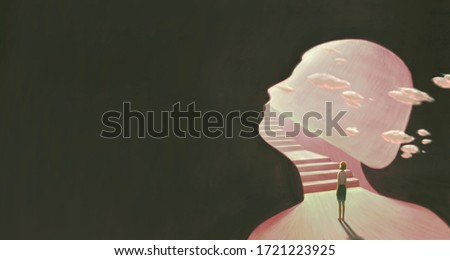 Success hope ambition and dream concept. Surreal artwork. Young woman looking at the light and a stair in a  gate, business background illustration. painting artwork. art