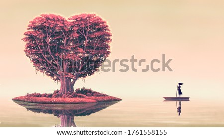 Heart tree on island with woman on a boat and man reflection ,surreal love concept artwork, imagination art, fantasy landscape painting, dreamlike illustration, love romantic concept