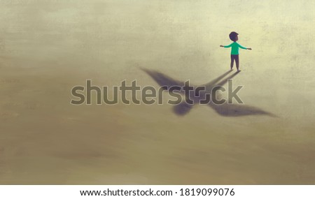 imagination artwork of boy with shadow bird wing, painting art, conceptual illustration,  freedom  ambition life and hope concept,  surreal child dream