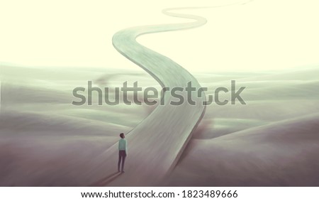 Concept art of  success hope dream way and ambition , surreal landscape painting,  man with floating road , imagination artwork, conceptual illustration, mystery scenery