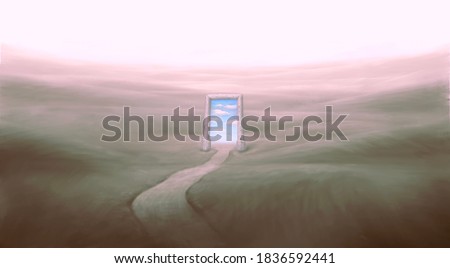 Conceptual artwork, hope ambition success life imagination happiness spiritual and freedom concept , sky in surreal door with surreal landscape, painting art, imagination illustration