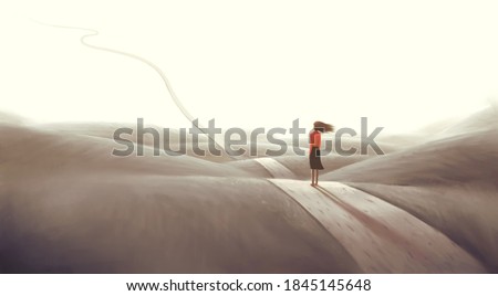 Concept art of  success hope dream way and ambition , surreal landscape painting, business woman with floating road , imagination artwork, conceptual illustration 商業照片 © 