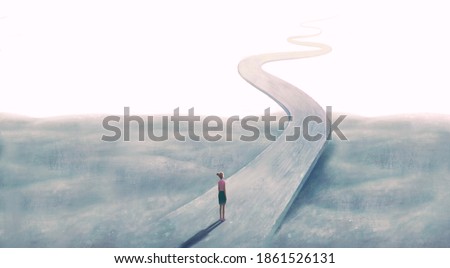 Concept art of  success hope dream way and ambition , surreal landscape painting,  woman with floating road , imagination artwork, conceptual illustration, mystery scenery 商業照片 © 