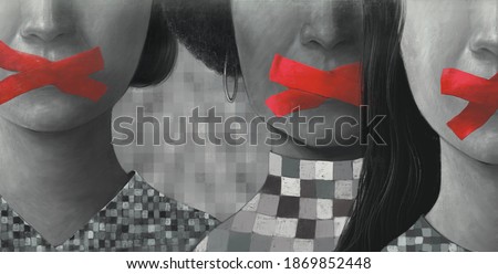 Concept idea freedom of speech freedom of expression democracy feminism and censored, surreal painting, portrait illustration, political art, women's rights, conceptual artwork