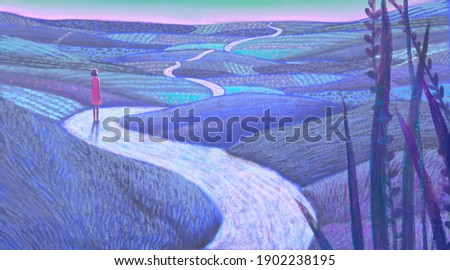 Conceptual art, surreal artwork ,hope life dream way and ambition concept. Woman looking at fantasy nature , 3d illustration. imagination of happiness landscape painting Stock foto © 