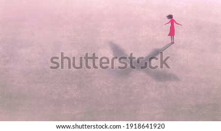 Conceptual 3d illustration, Freedom dream life and hope concept, Imagination artwork ,Woman with flying bird shadow , painting art
