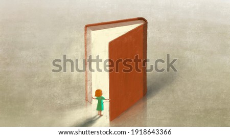 Book of imagination with a girl, Education dream hope inspiration and freedom concept, surreal painting. Fantasy art, conceptual artwork, happiness of child , 3d illustration